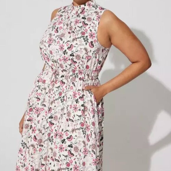 Floral Sleeveless High-Neck Dress With Pockets By Torrid Size 2 White/Pink/Black - Picture 4 of 14